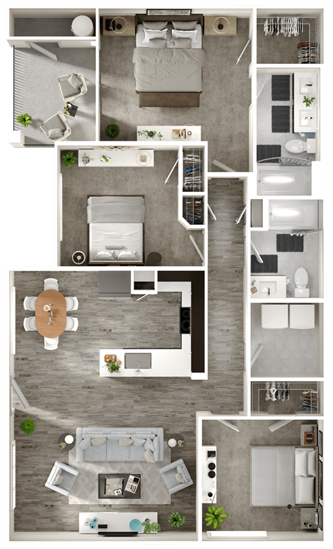 A floor plan of a house with a kitchen, living room, and bedrooms.